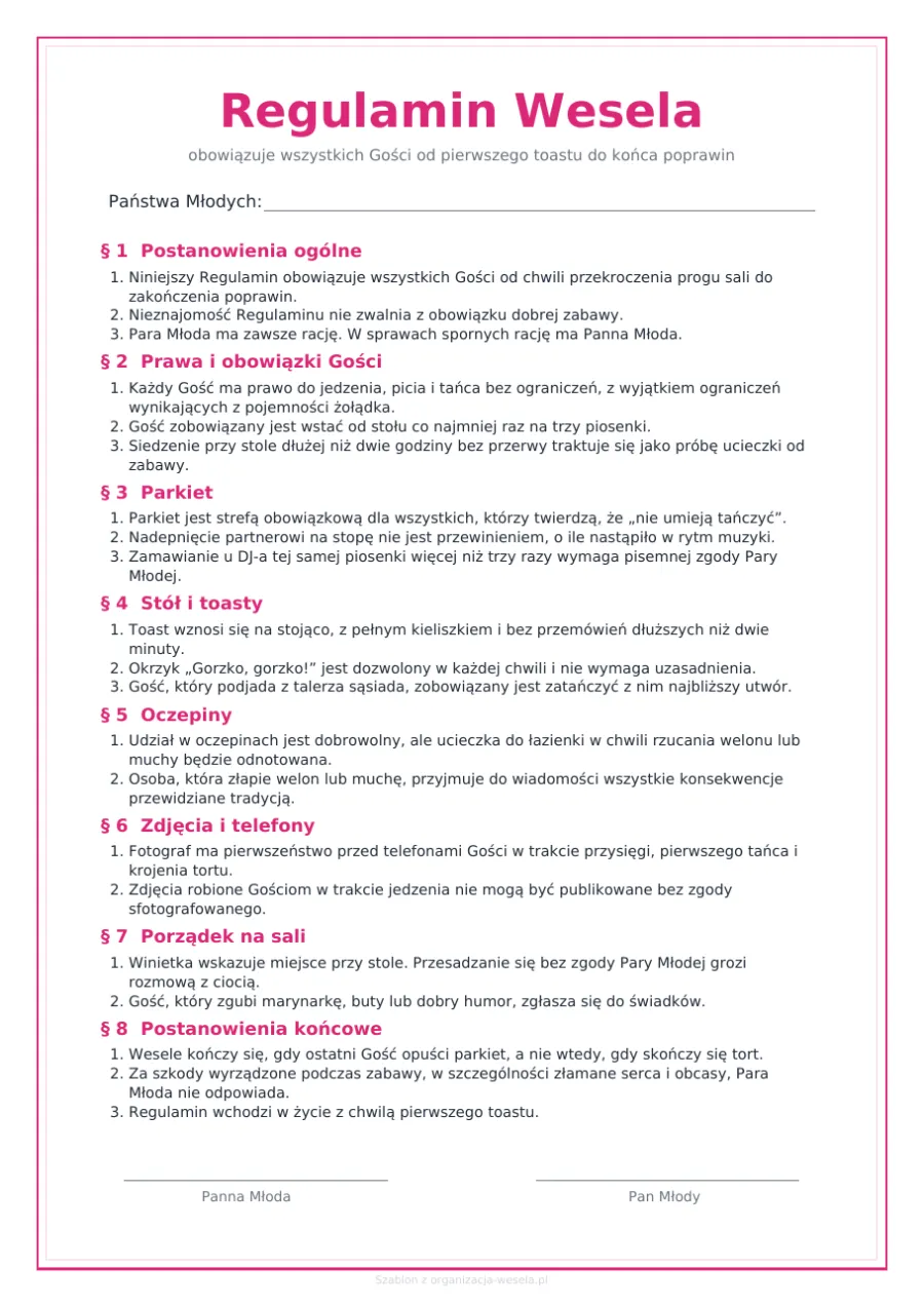 Regulamin wesela na wesoło do druku — PDF